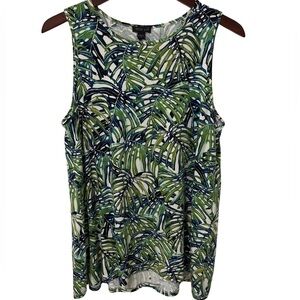 J Jill Wearever Women's Size Medium Green Blue Palm Print Sleeveless Top